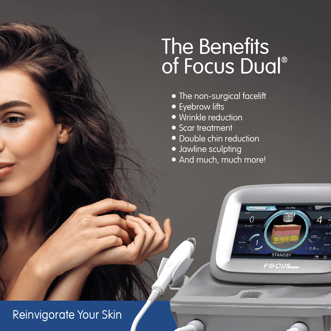 Image of a Focus Dual Hifu Machine,picture of a ladies face and written text with the benefits of  Focus Dual