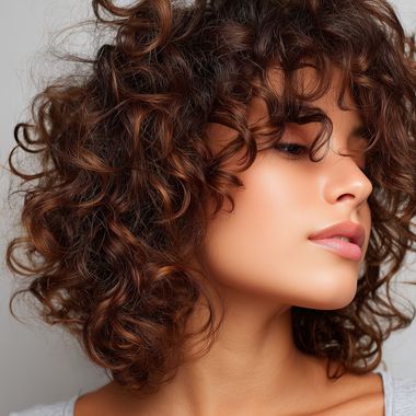 Close-up of a woman with bouncy, defined brunette curls showcasing professional perm texture