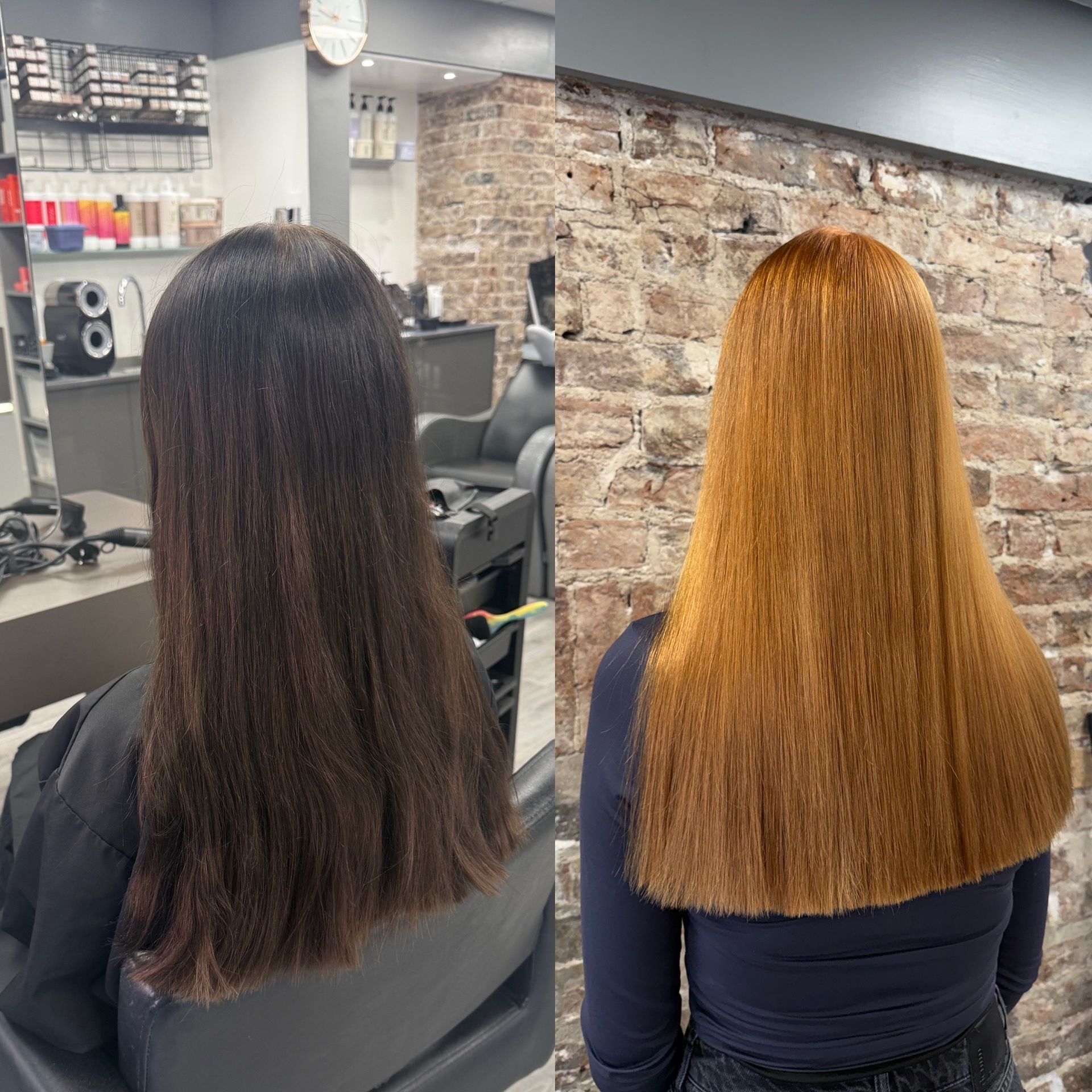 Before and after colour correction removing black box dye with controlled staged lightening result