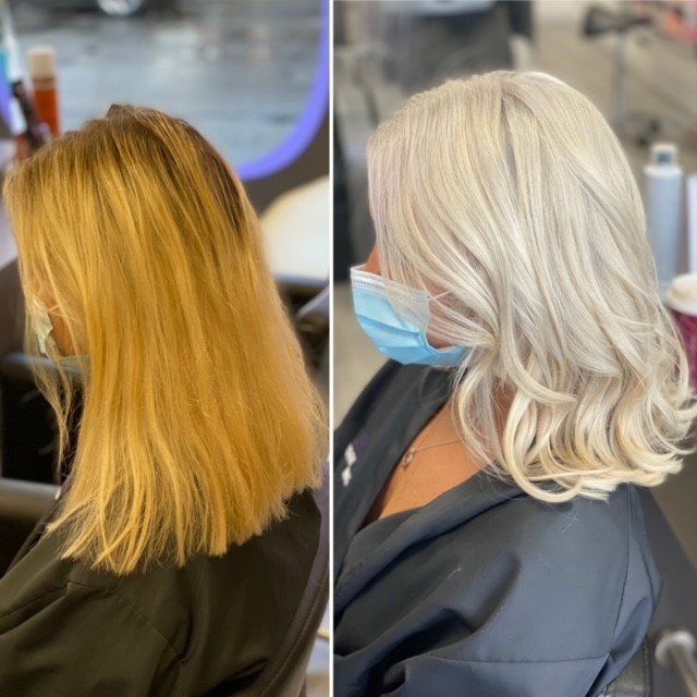 Client transformation Clean ice blonde hair before and after by Paul Clayton at Collective hairdressing