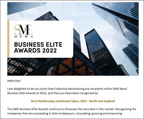 SME News Business Awards Elite Best Hairdressing and Beauty Salon 2022 North East England