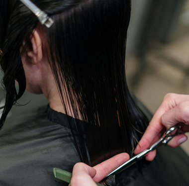 Close-up of a stylist using scissors and a comb to precision cut damp dark hair during a professional haircut.
