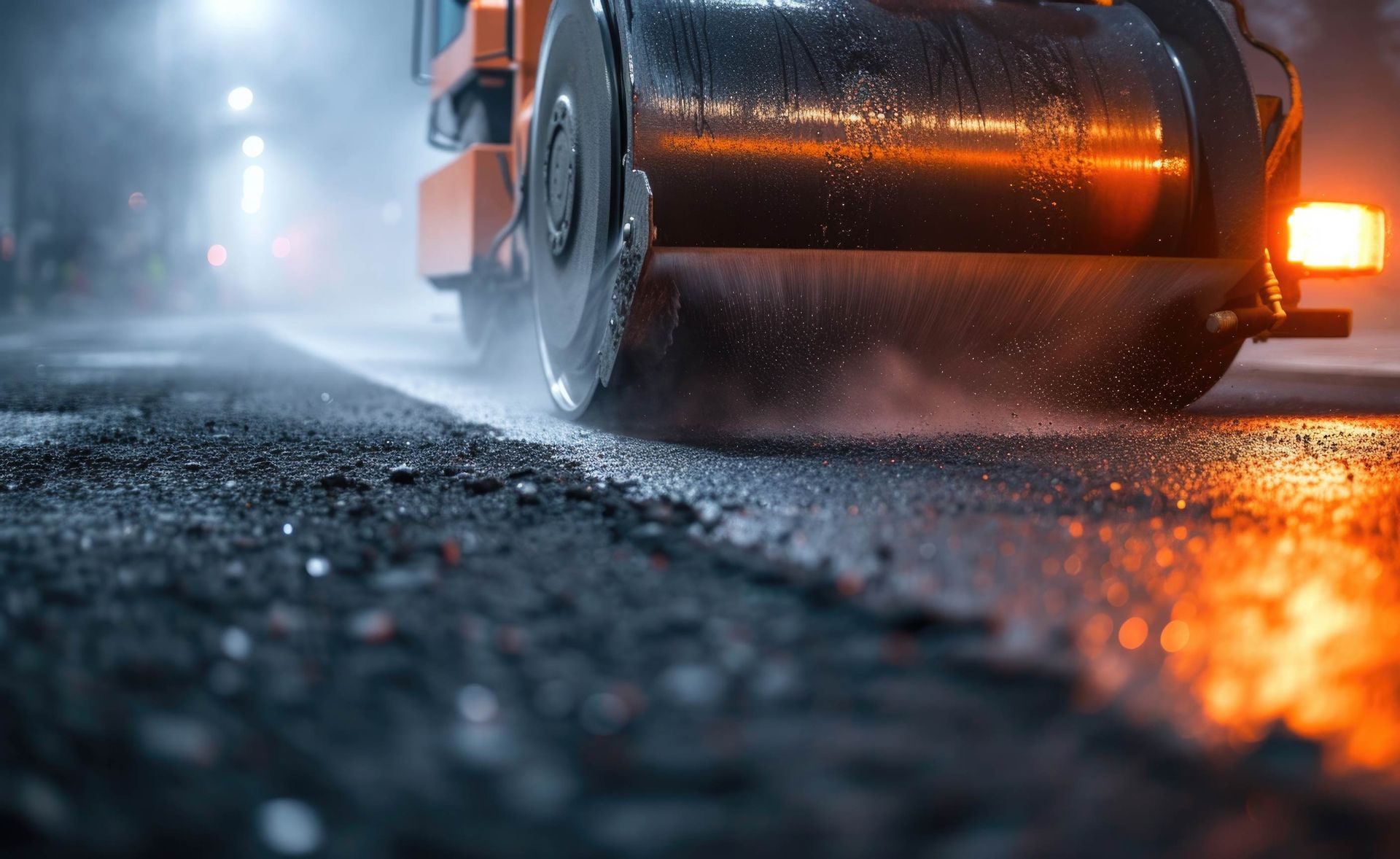 A roller is rolling asphalt on a wet road at night.