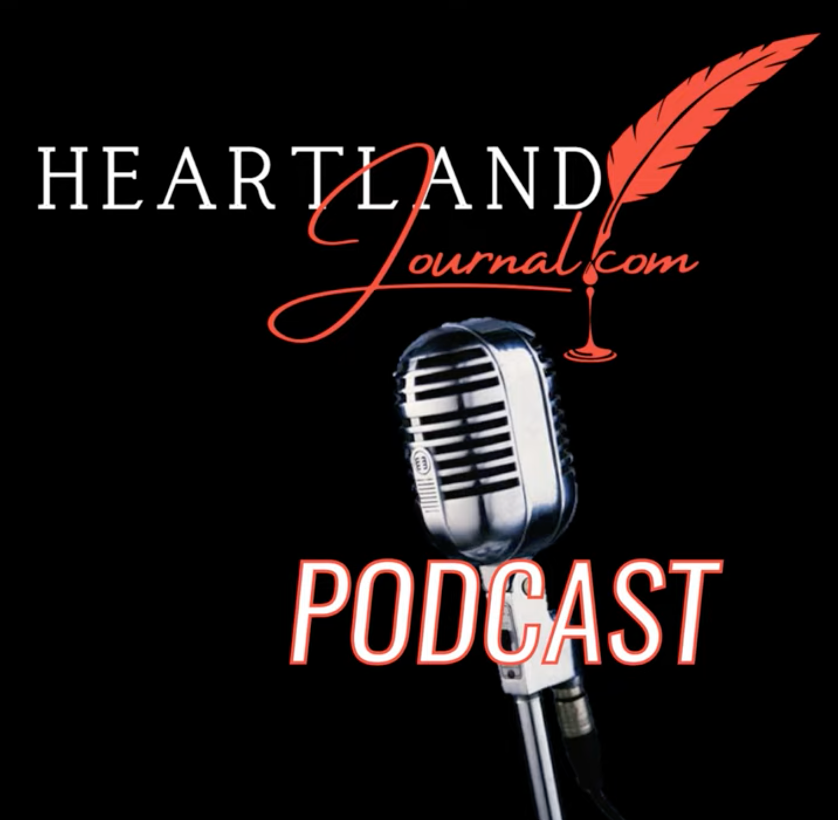 A heartland journal podcast logo with a microphone and a feather