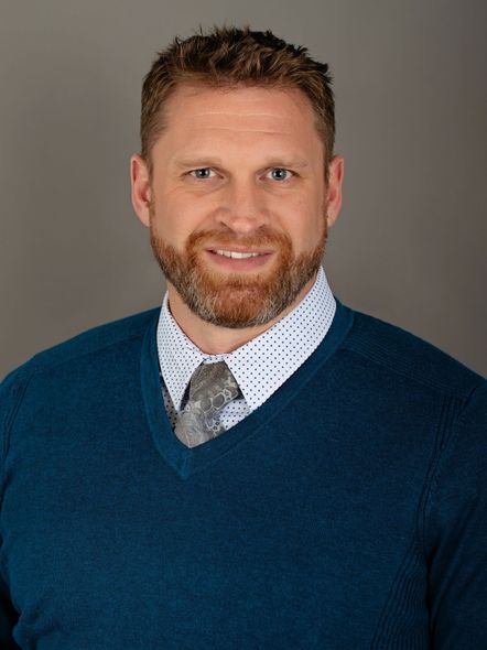 A man with a beard is wearing a blue sweater and tie.