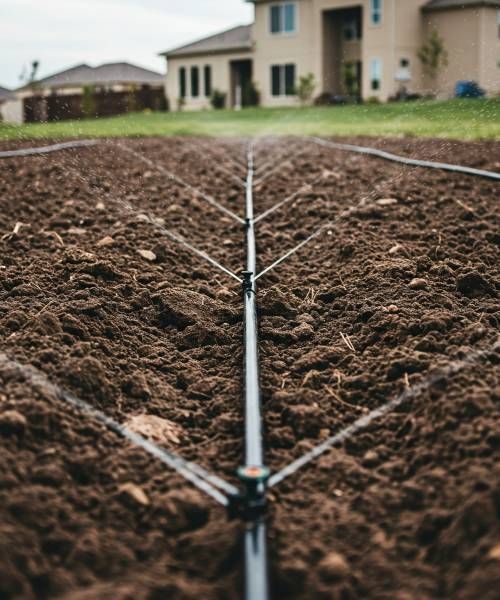 A sprinkler is spraying water on a dirt field in front of a house.
