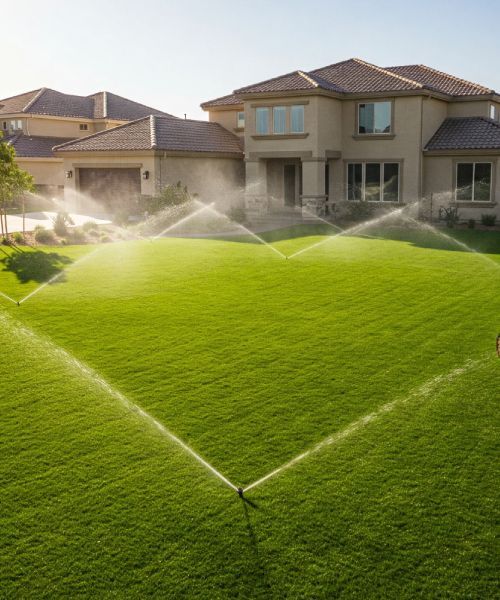 Sprinklers are spraying water on a lush green lawn in front of a house.