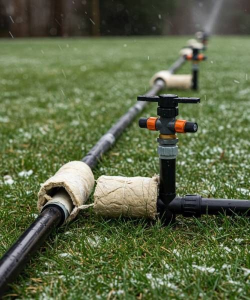 A row of sprinklers are spraying water on a lush green field.