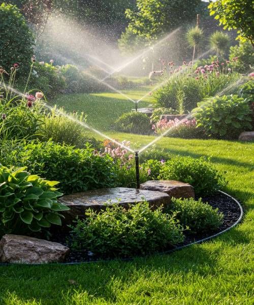 A sprinkler is spraying water on a lush green lawn in a garden.