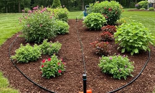 A sprinkler is spraying water on a bed of flowers in a garden.