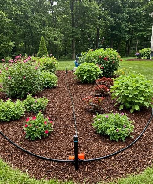A garden with lots of plants and flowers and a sprinkler in the middle.