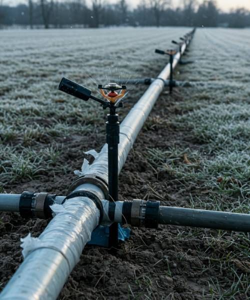 A row of pipes with sprinklers attached to them in a field.