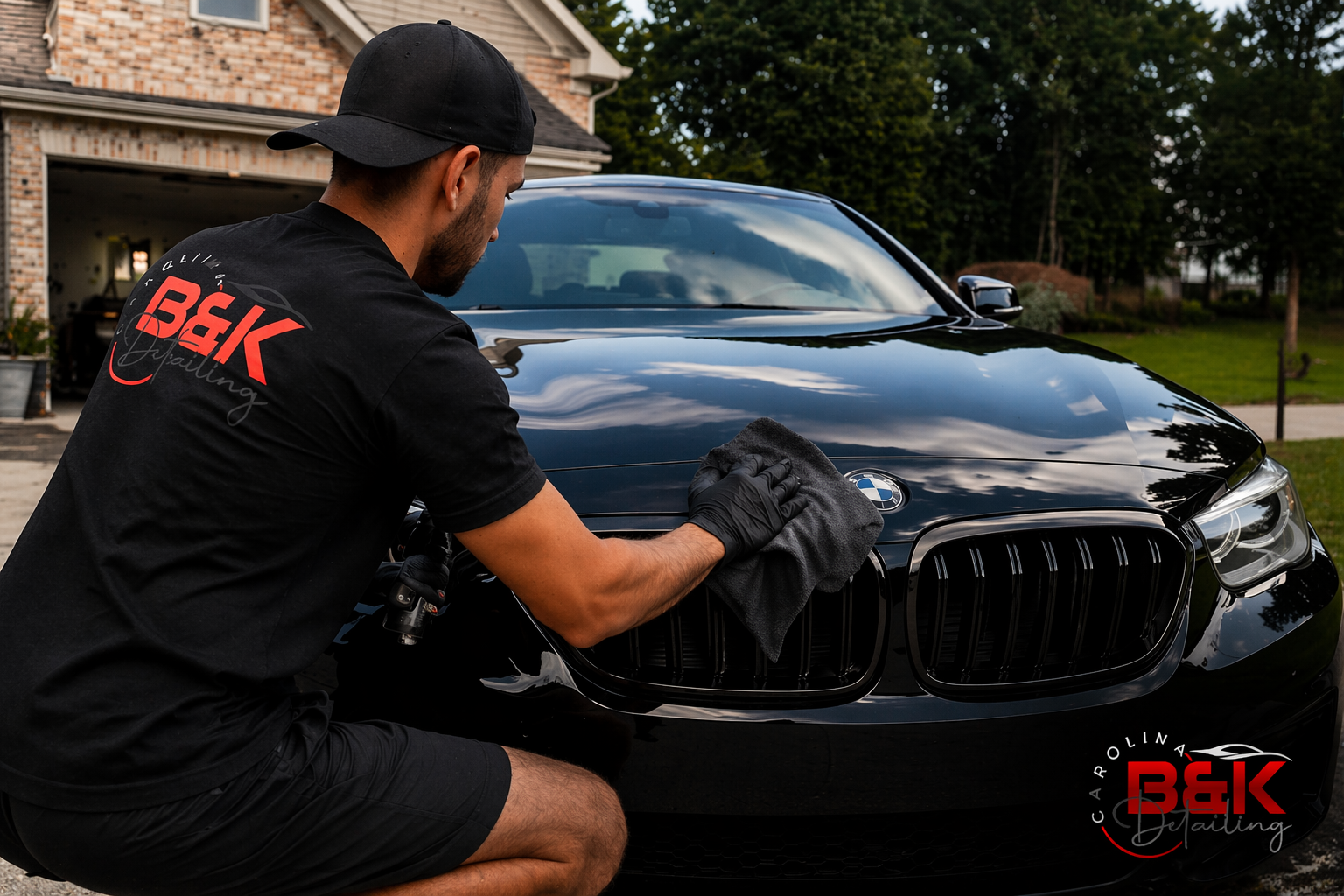 A black B&K Detailing mobile van parked against a city skyline at sunset, advertising premium, convenient auto services.