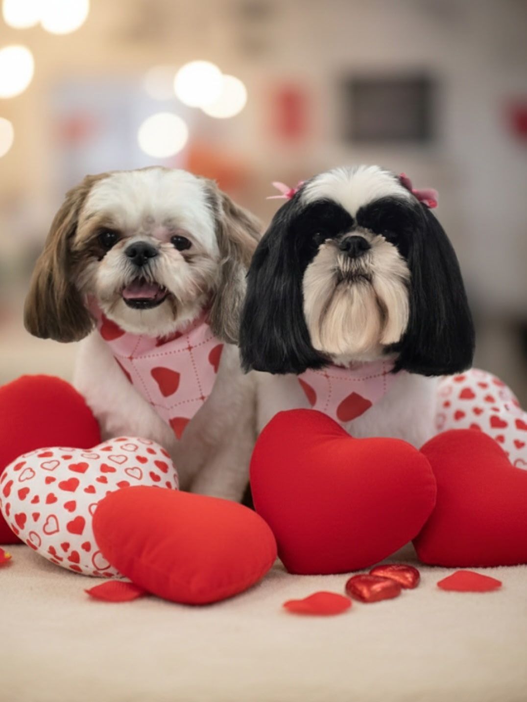A small white dog wearing a red white and blue bandana