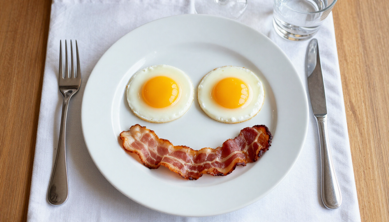 Breakfast with sad face made of eggs and bacon on a plate, blue background.