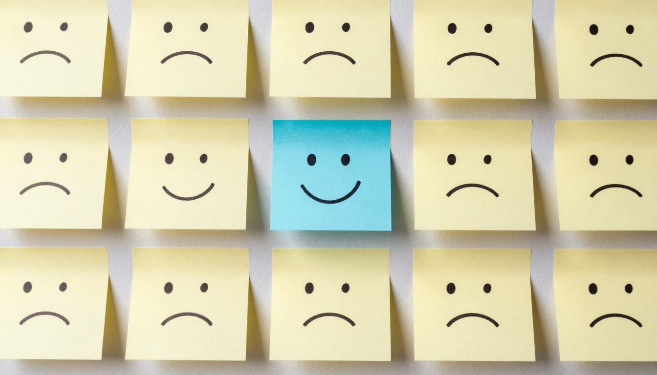 Yellow sticky note with a smiley face surrounded by green sticky notes with sad faces.
