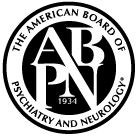 the american board of psychiatry and neurology logo is black and white .