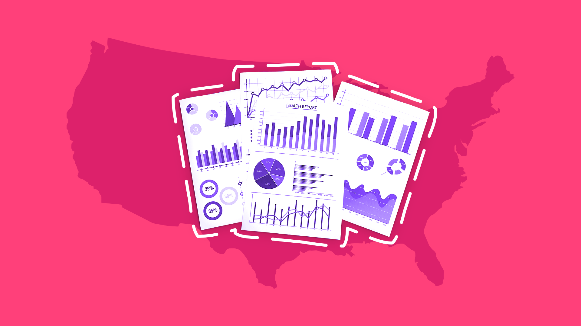 Illustration showing graphs and charts overlayed onto the continental united states