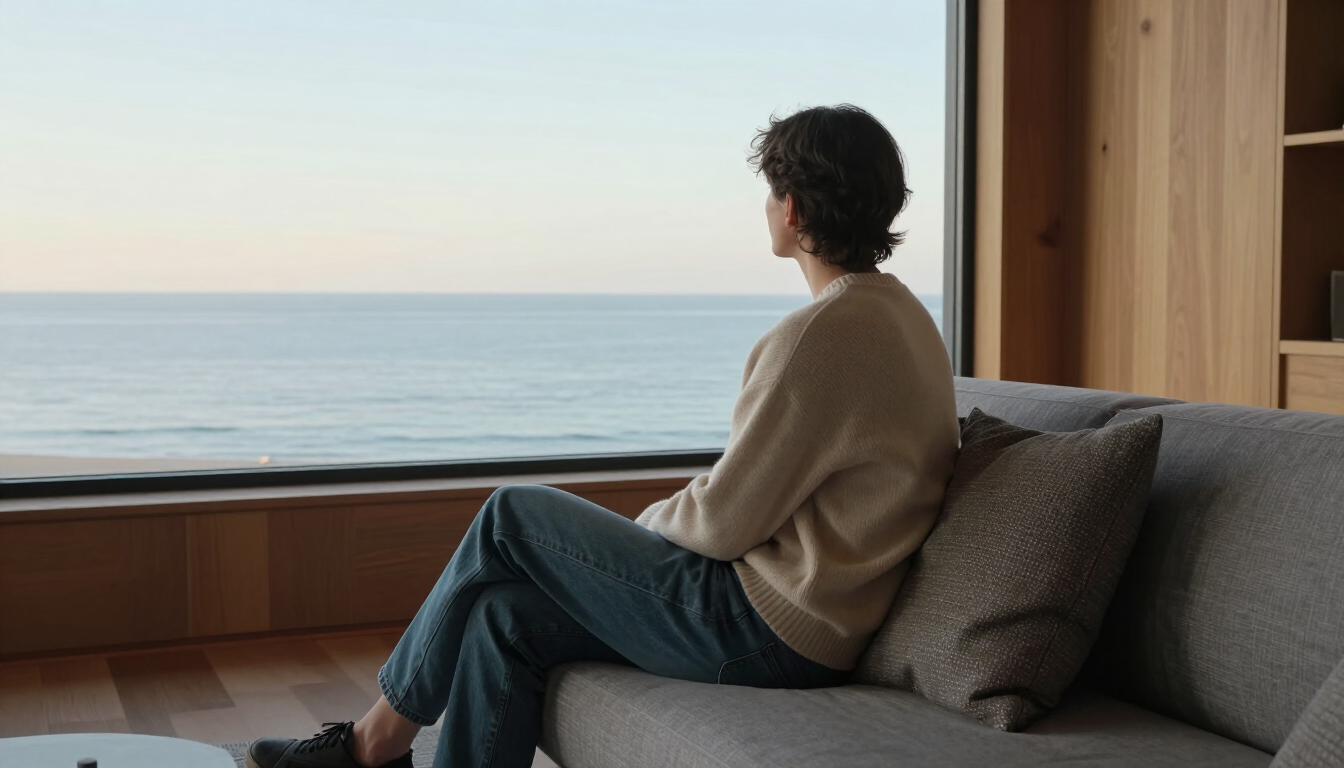 Woman seated, looking out a window at a blue expanse, resting on a beige couch, pink top, yellow wall.