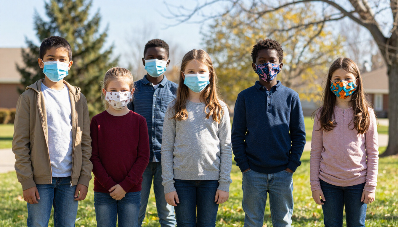 Six masked children standing outdoors in a park, with trees and grass in the background.