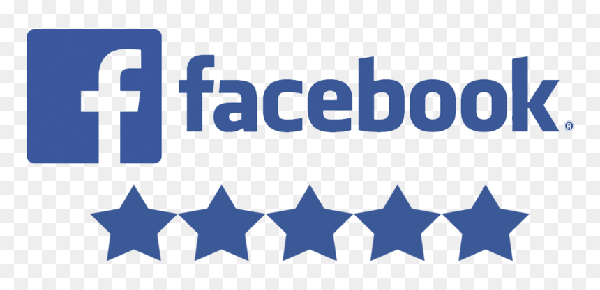 Blue Facebook logo followed by five blue stars, representing a five-star rating.
