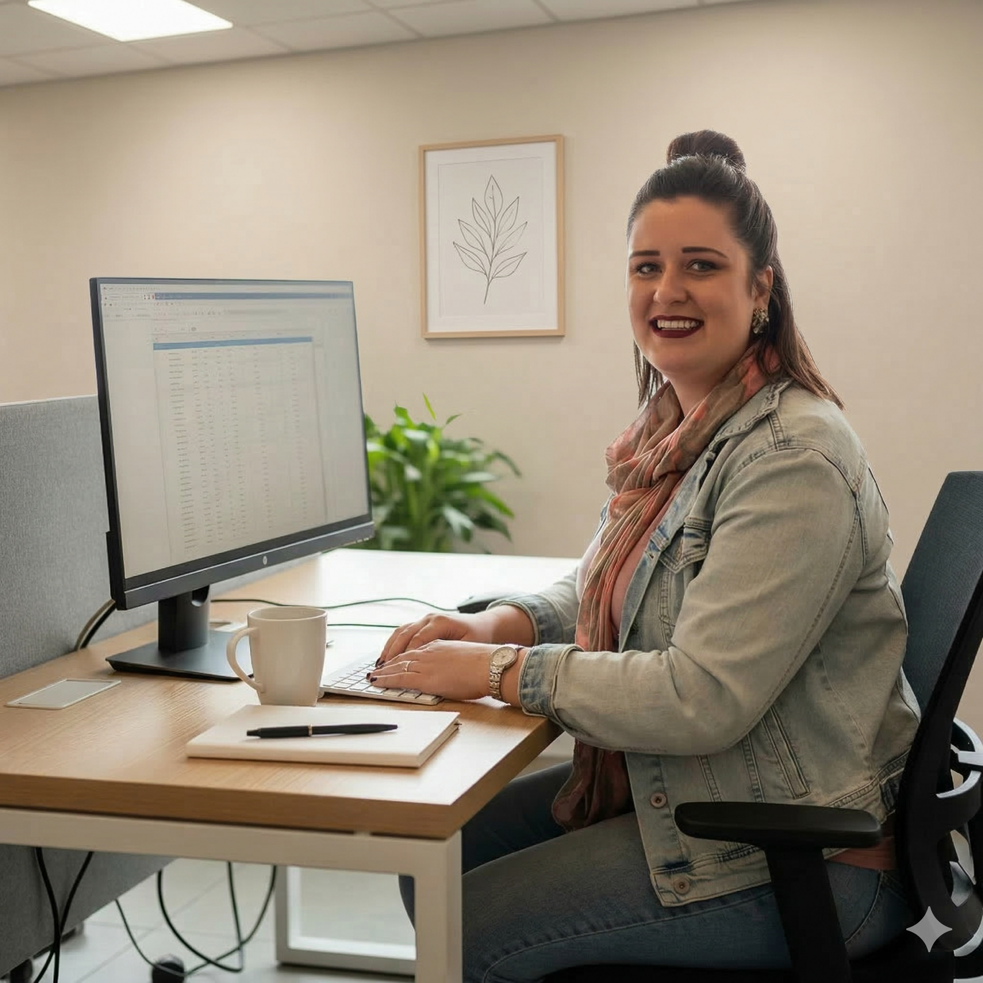 A person sits at a desk in an office, smiling while typing on a laptop with a computer monitor, mug, and notebook nearby.