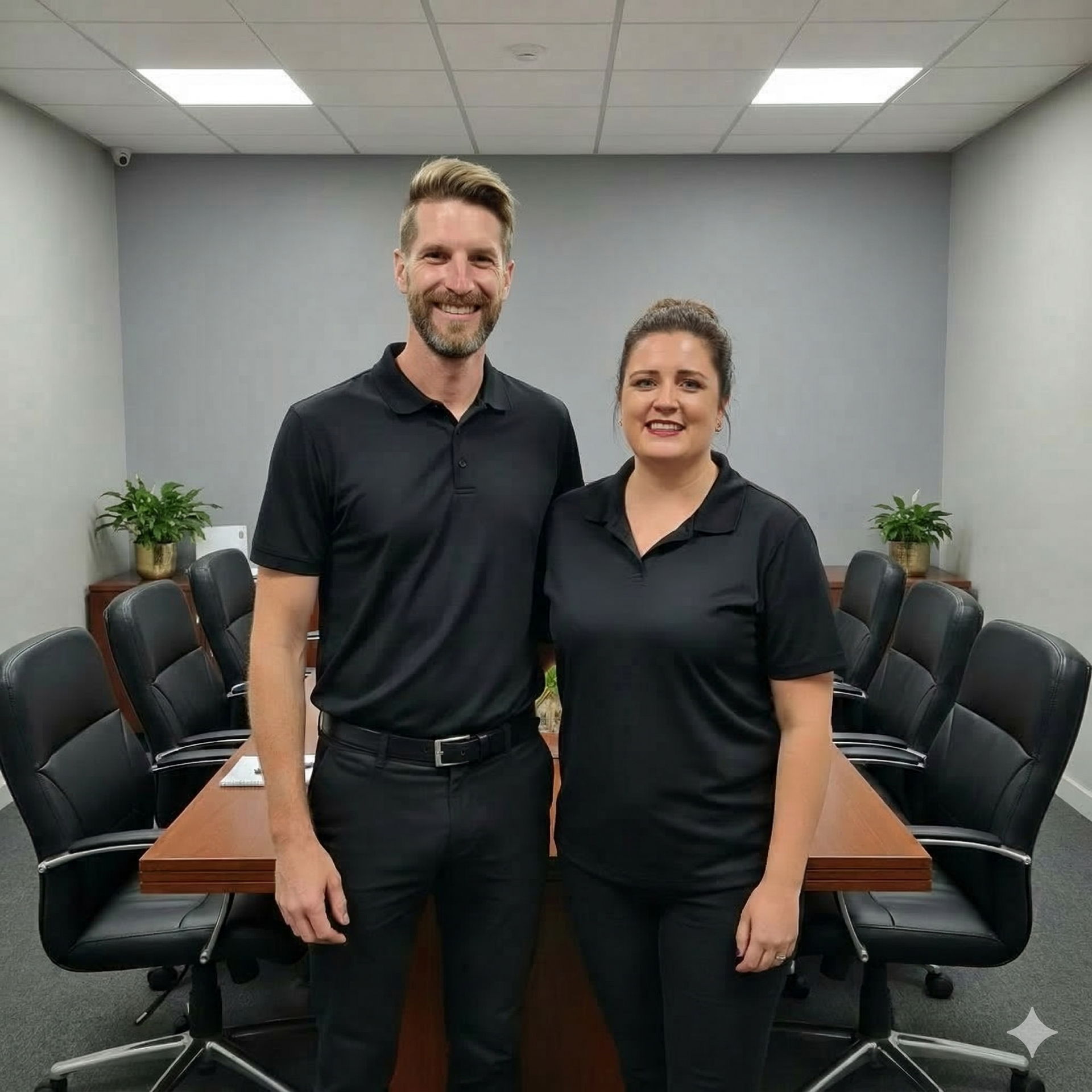 Two people in black polo shirts stand in front of a conference table in a professional meeting room.