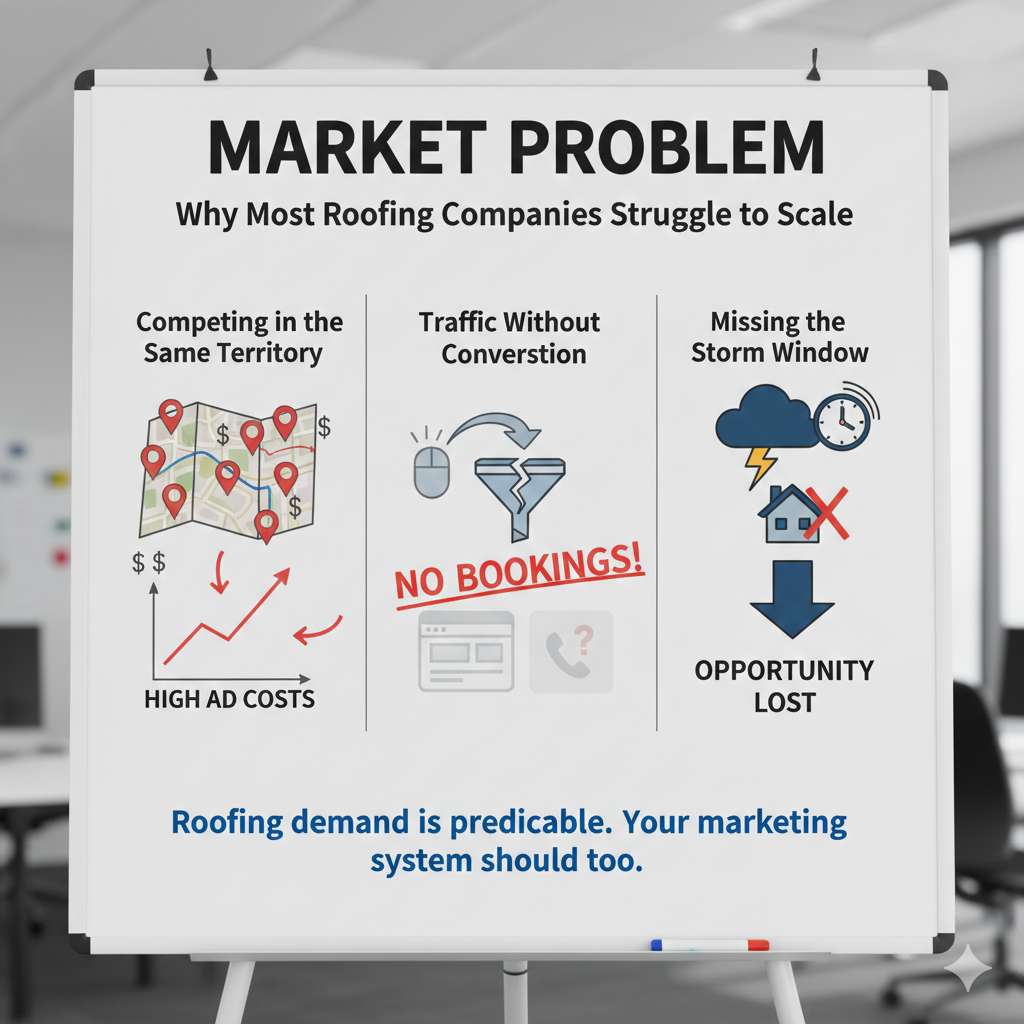 A diagram outlining three scaling challenges for roofing companies