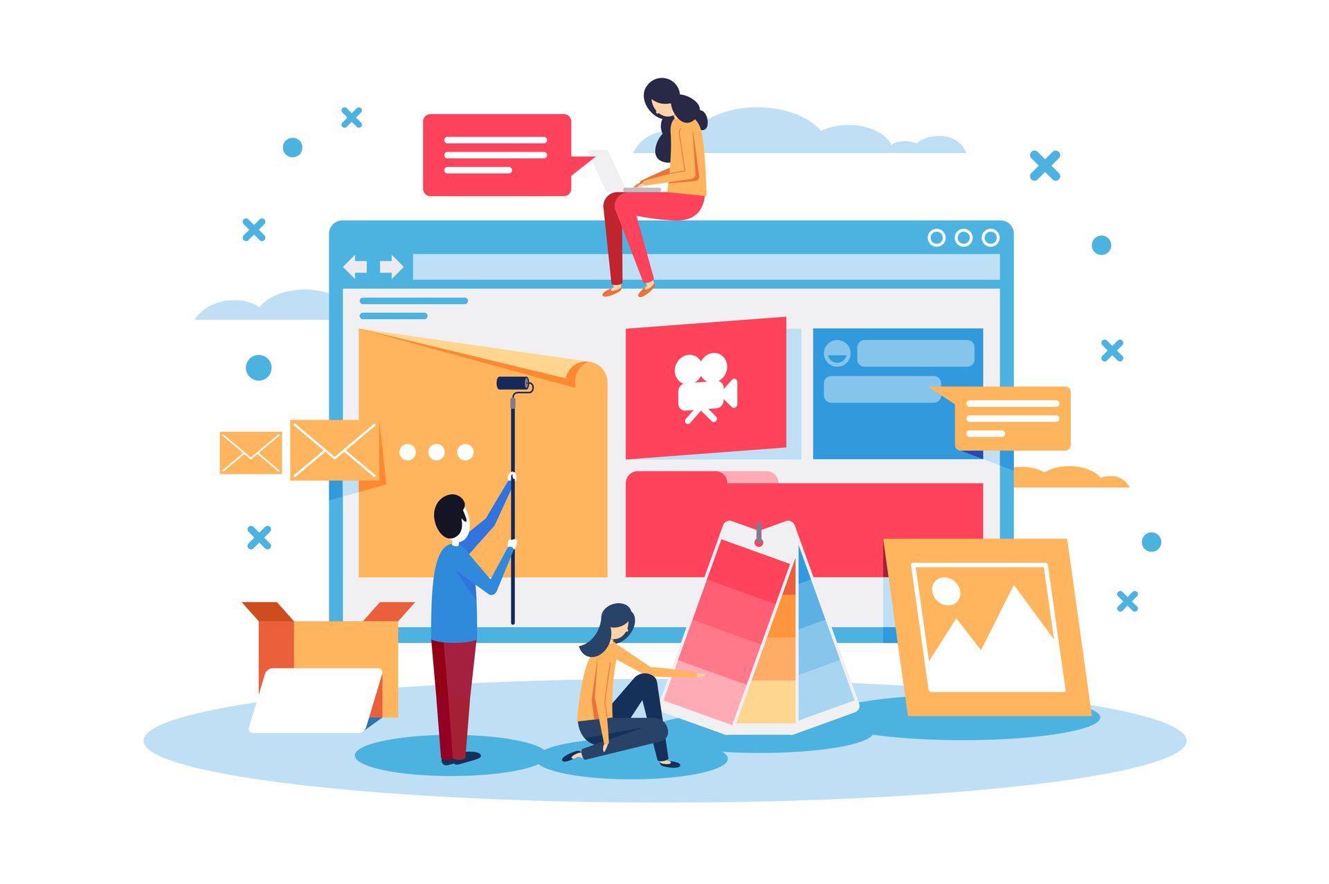 Three people collaborate on a digital design project with a large interface screen, a color palette, and graphics.