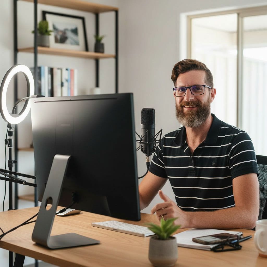 A bearded man wearing glasses and a striped polo shirt smiles while sitting at a desk with a computer and microphone.