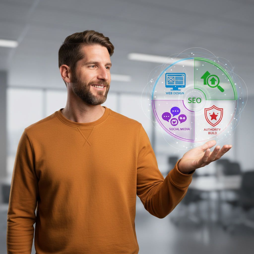 A bearded man wearing glasses and a striped polo shirt smiles while sitting at a desk with a computer and microphone.