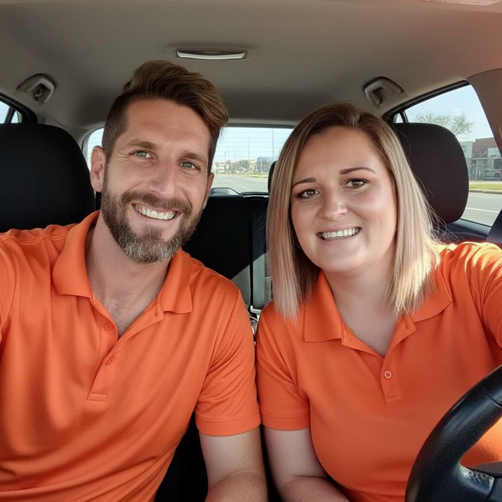 A man and a woman in orange polo shirts smile while sitting together inside a vehicle.