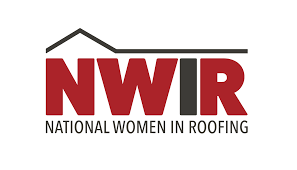 Logo for National Women in Roofing featuring bold red and black text with a stylized roof line graphic above the letters.
