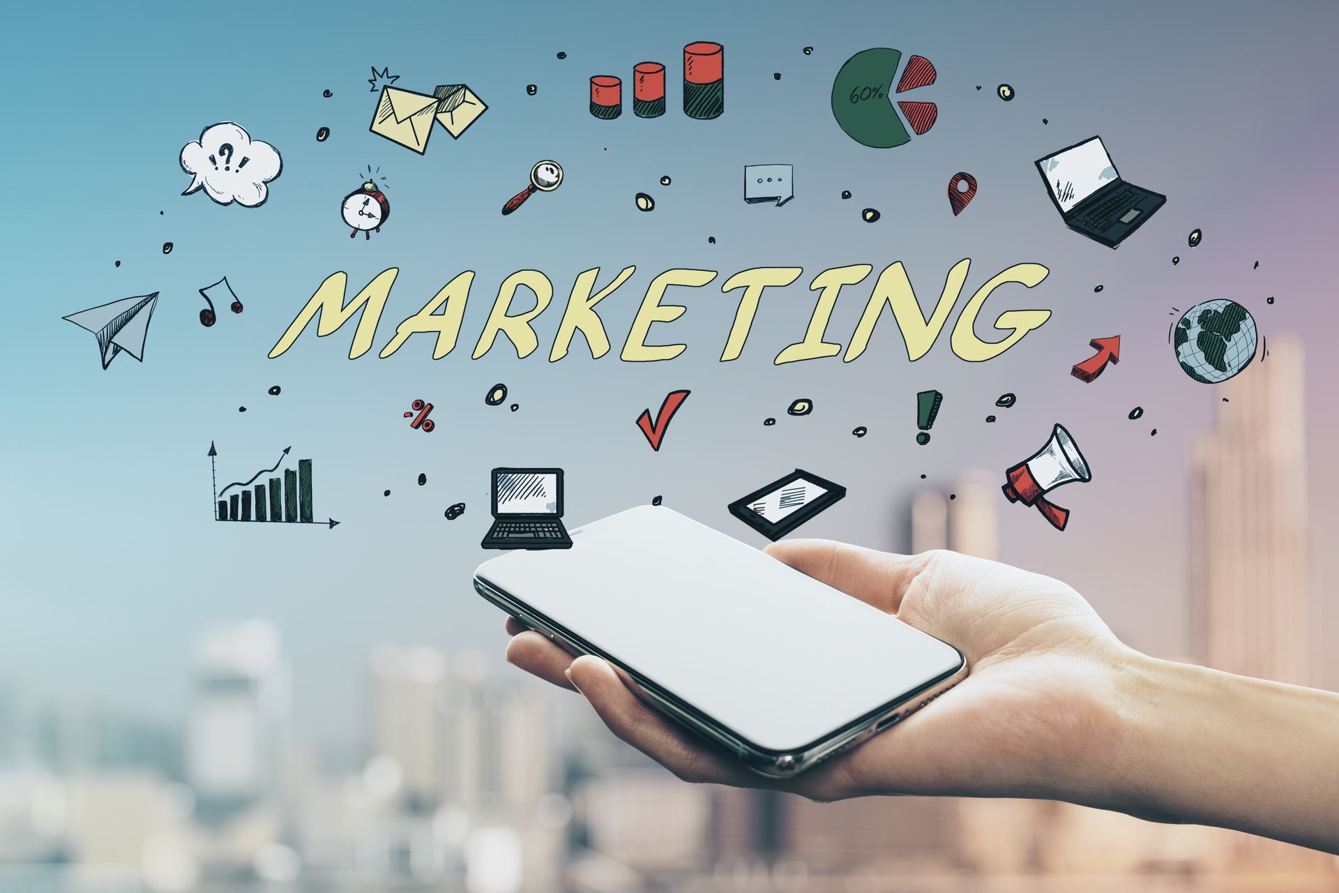 Hand holding a smartphone against a blurred city background with marketing-related icons floating above the screen.