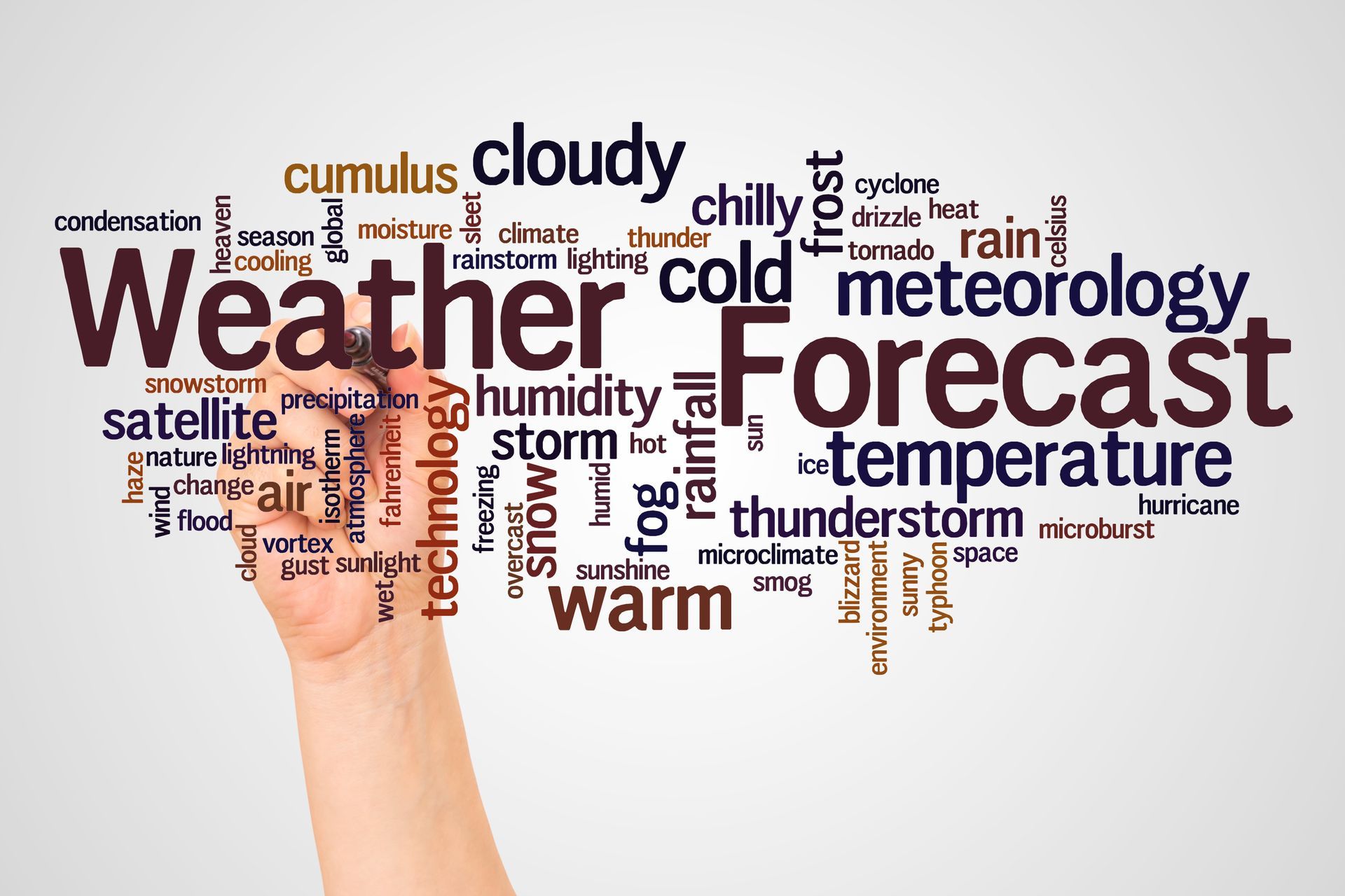 A hand holds a marker, writing over a word cloud containing weather-related terms centered on the words Weather Forecast.