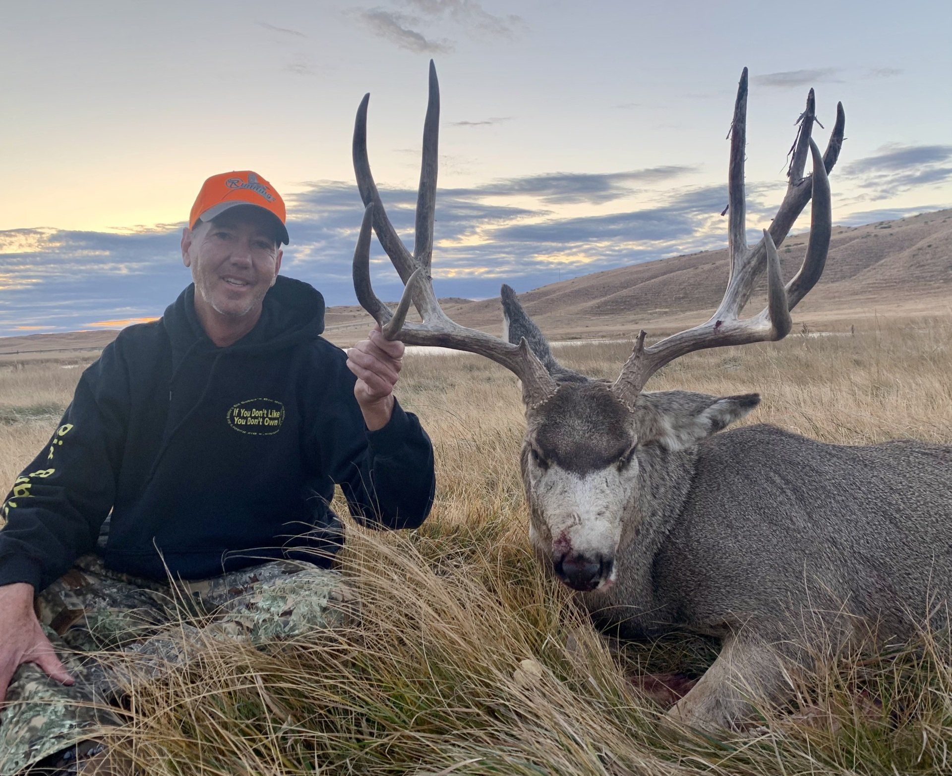 Man kneels next to a large deer with antlers in an outdoor field. Man smiles, wearing orange hat and black hoodie.