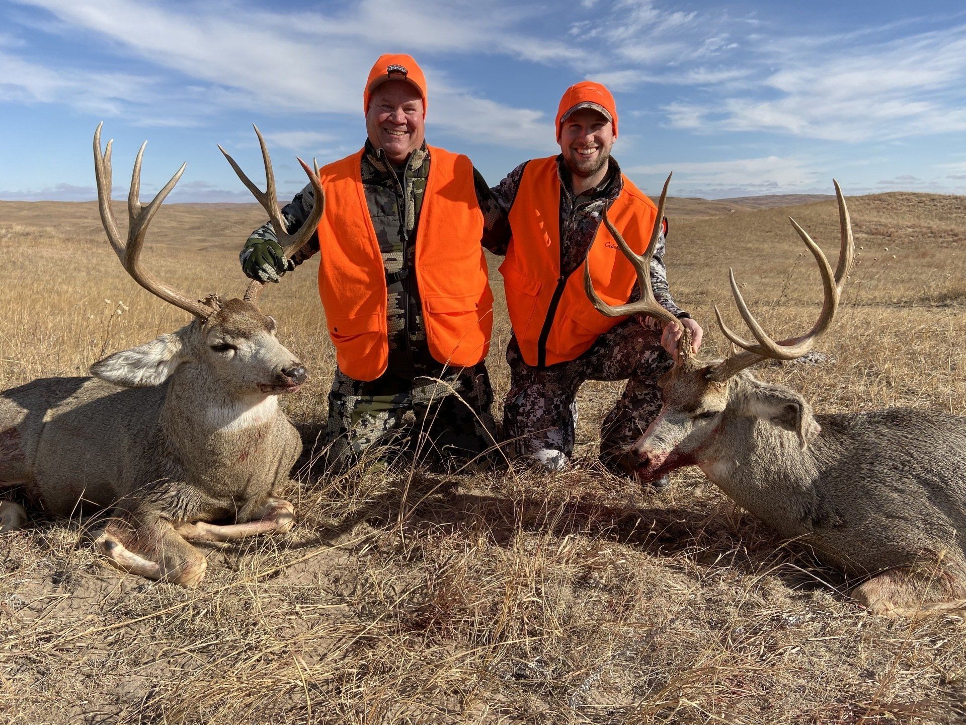 Two hunters in orange vests kneel beside two deer they shot in a field.