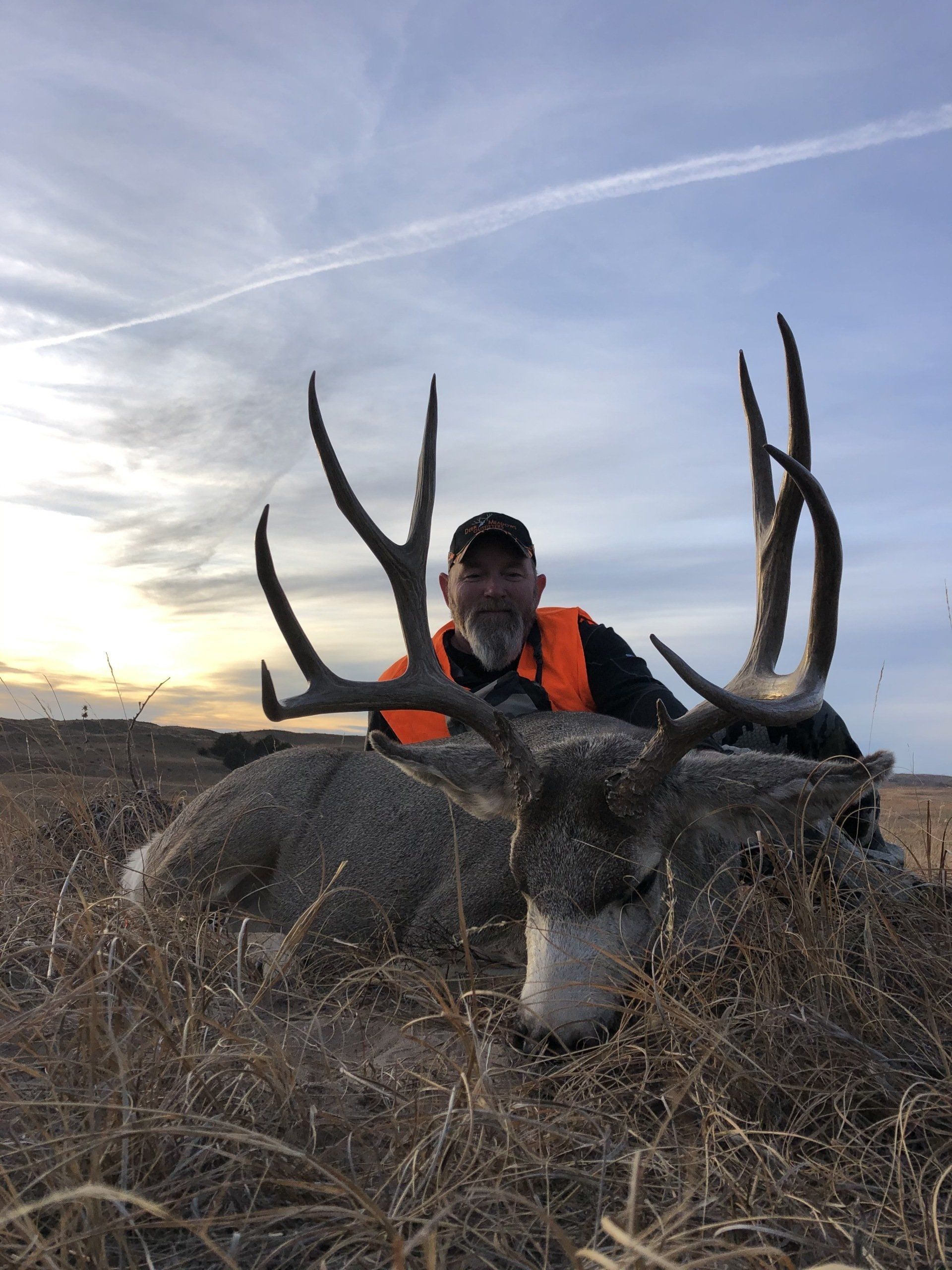 Man in orange vest smiles next to a large deer with impressive antlers in a field, under a cloudy sky.