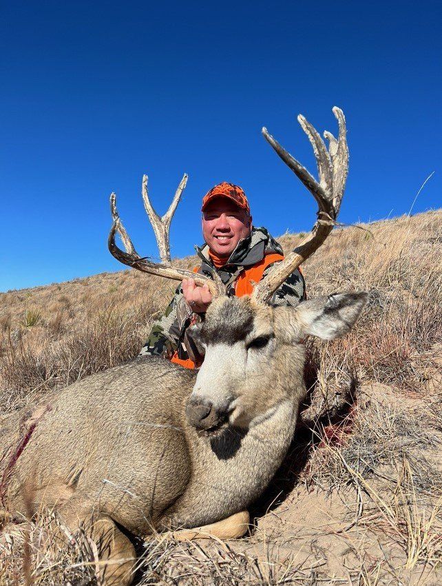 Hunter in orange jacket and hat with a large deer he has harvested in a grassy field.