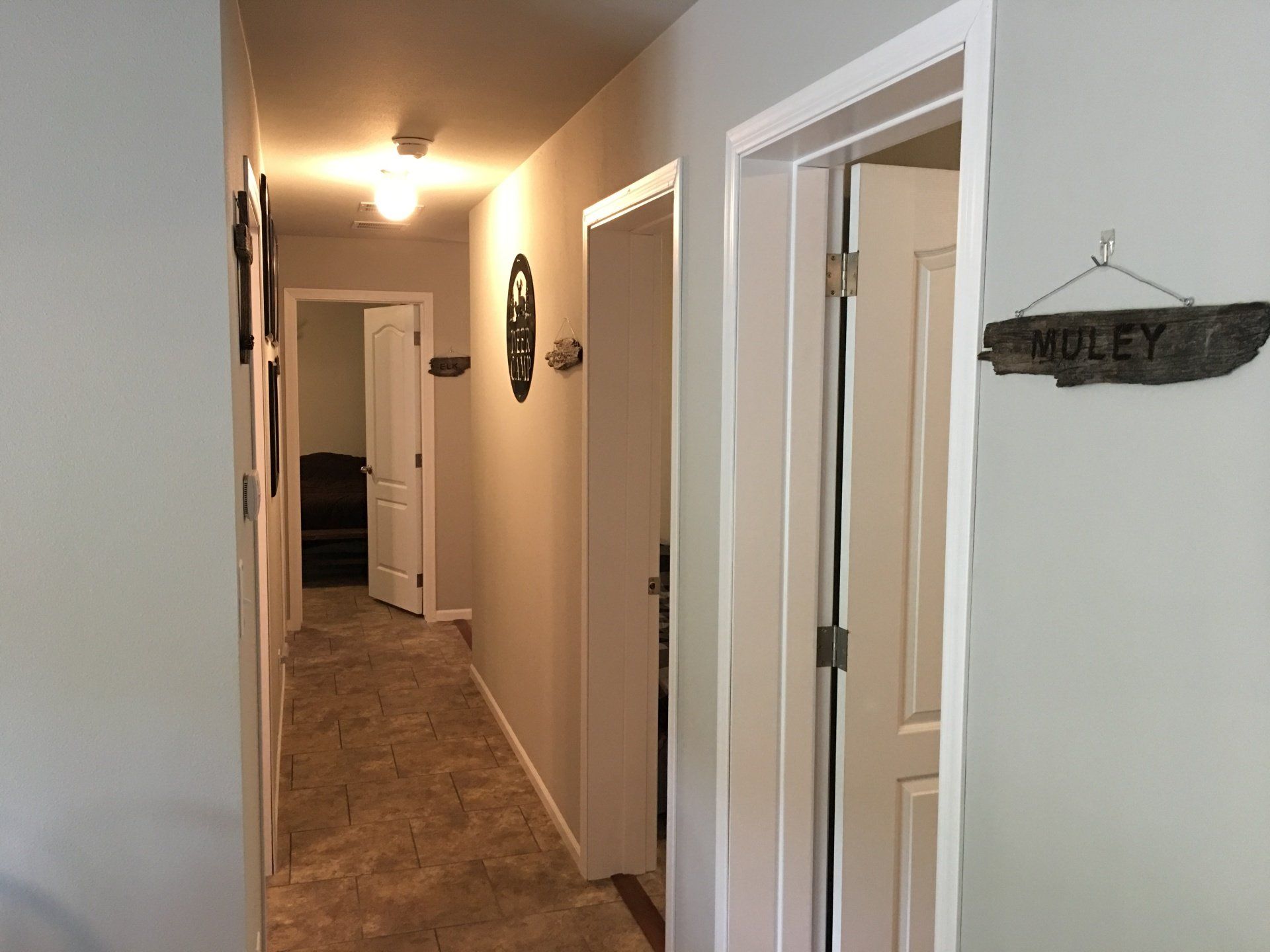 Hallway with doors, carpet, and decorations; light gray walls.