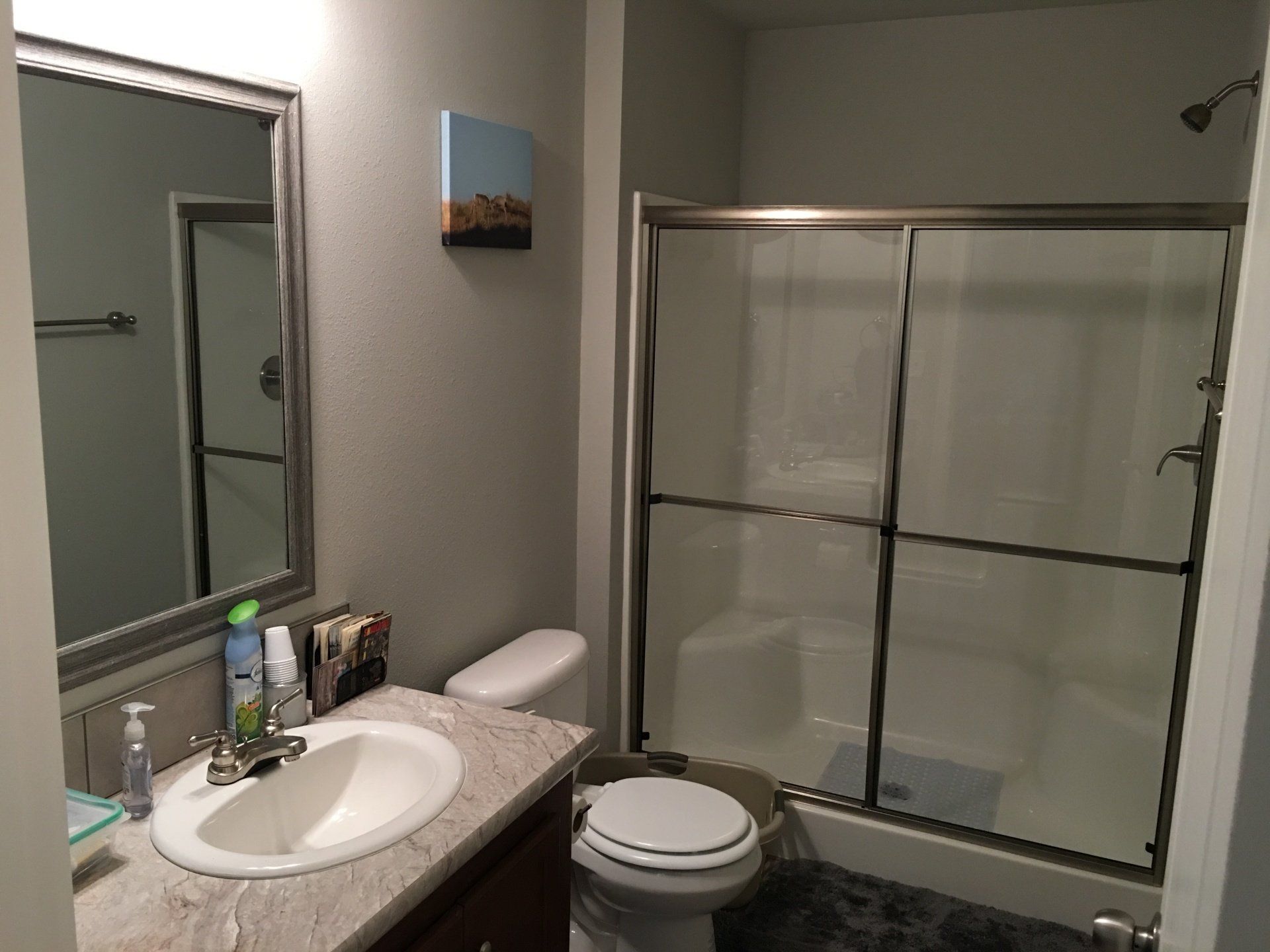 Bathroom with a toilet, sink, shower, and mirror. Gray walls, brown vanity, white fixtures.