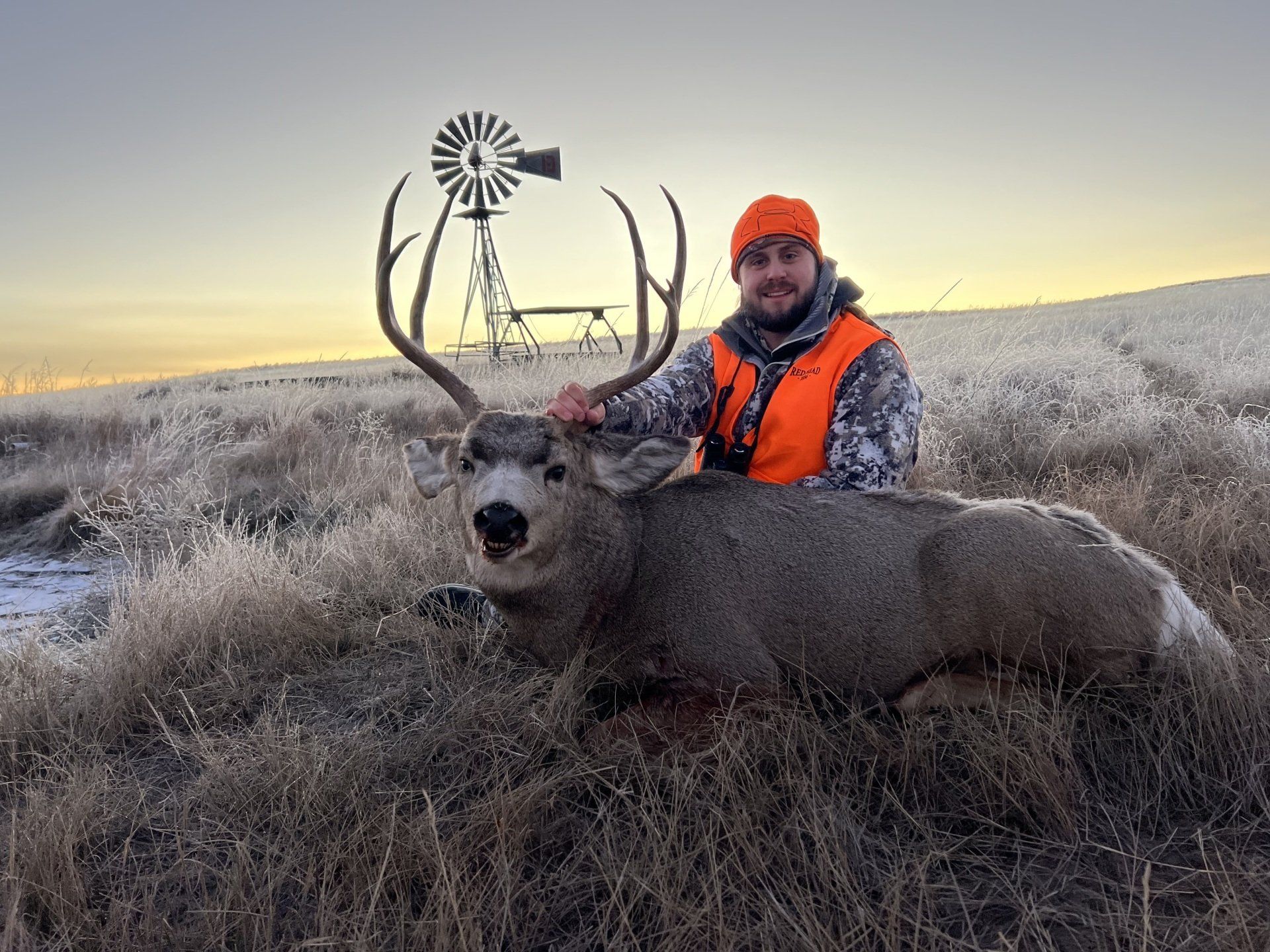 Man in orange vest with a large buck he harvested, posing outdoors near a windmill at dawn.