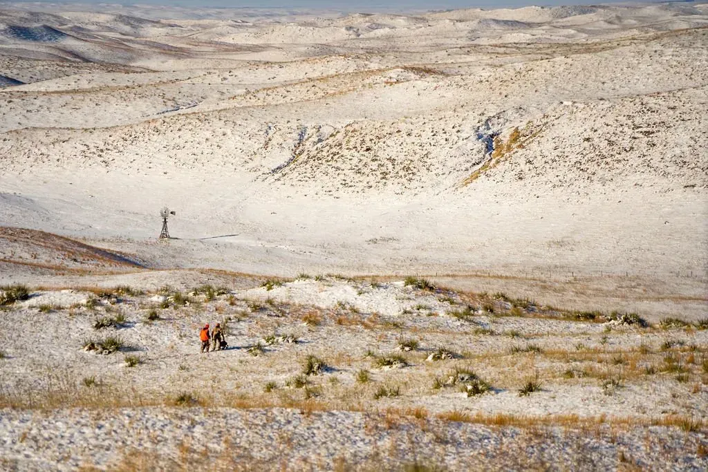 Snowy landscape with two people and a distant structure.