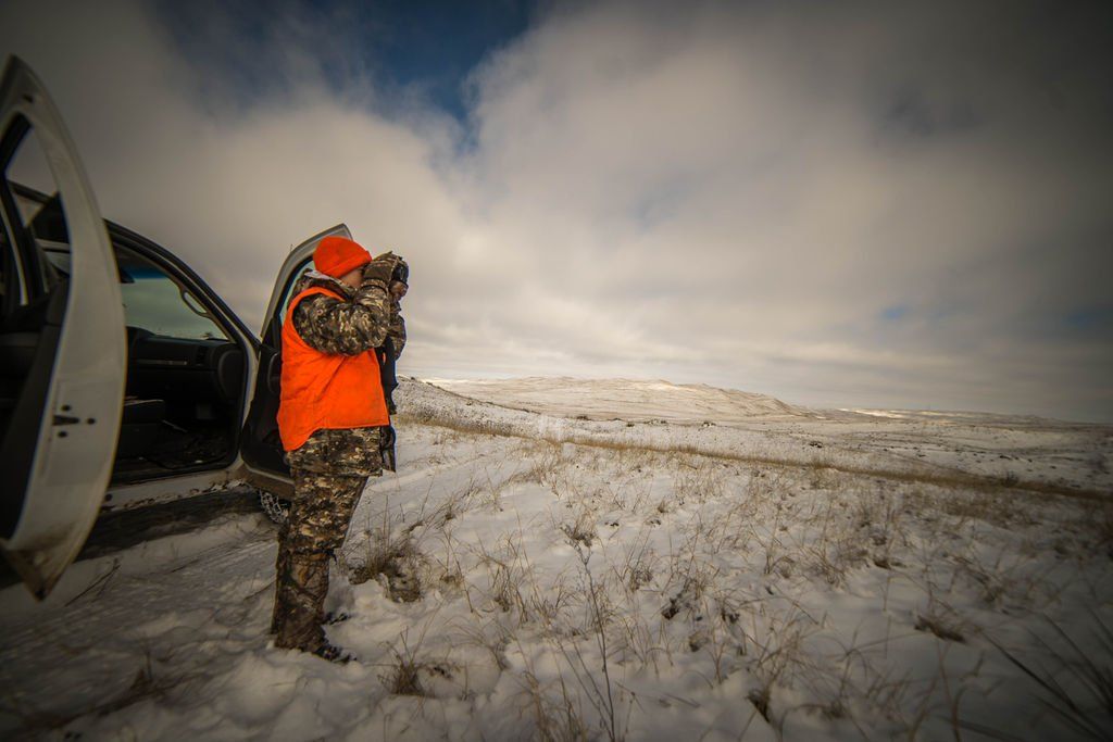 Hunter in orange vest and camouflage pants uses binoculars in snowy field, vehicle door open.