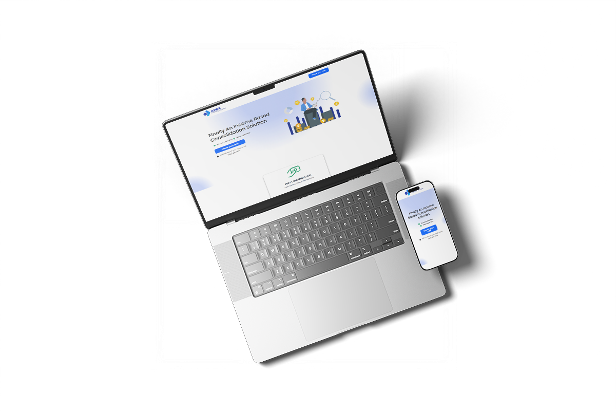 Laptop and phone displaying a website, positioned on a white surface.
