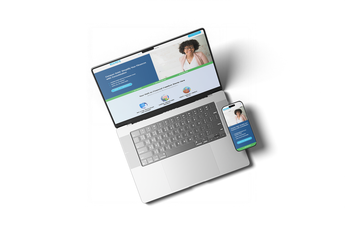 Laptop and smartphone displaying a website with a person on the screen.