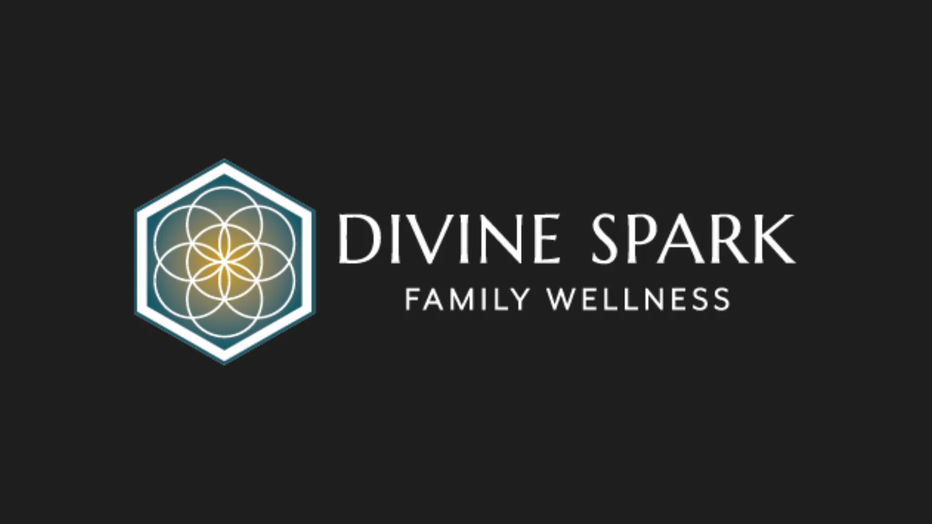 Logo for Divine Spark Family Wellness. Hexagon with seed of life inside. Teal and gold on dark gray background.