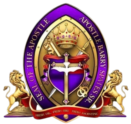 Emblem with a purple and gold shield, crown, sword, and lion figures. 