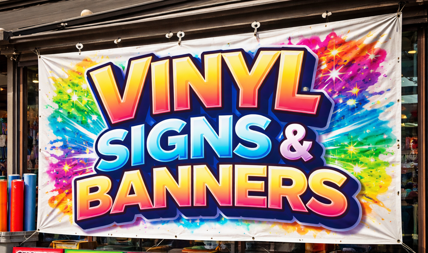 Vinyl signs and banners advertisement with colorful splash background.
