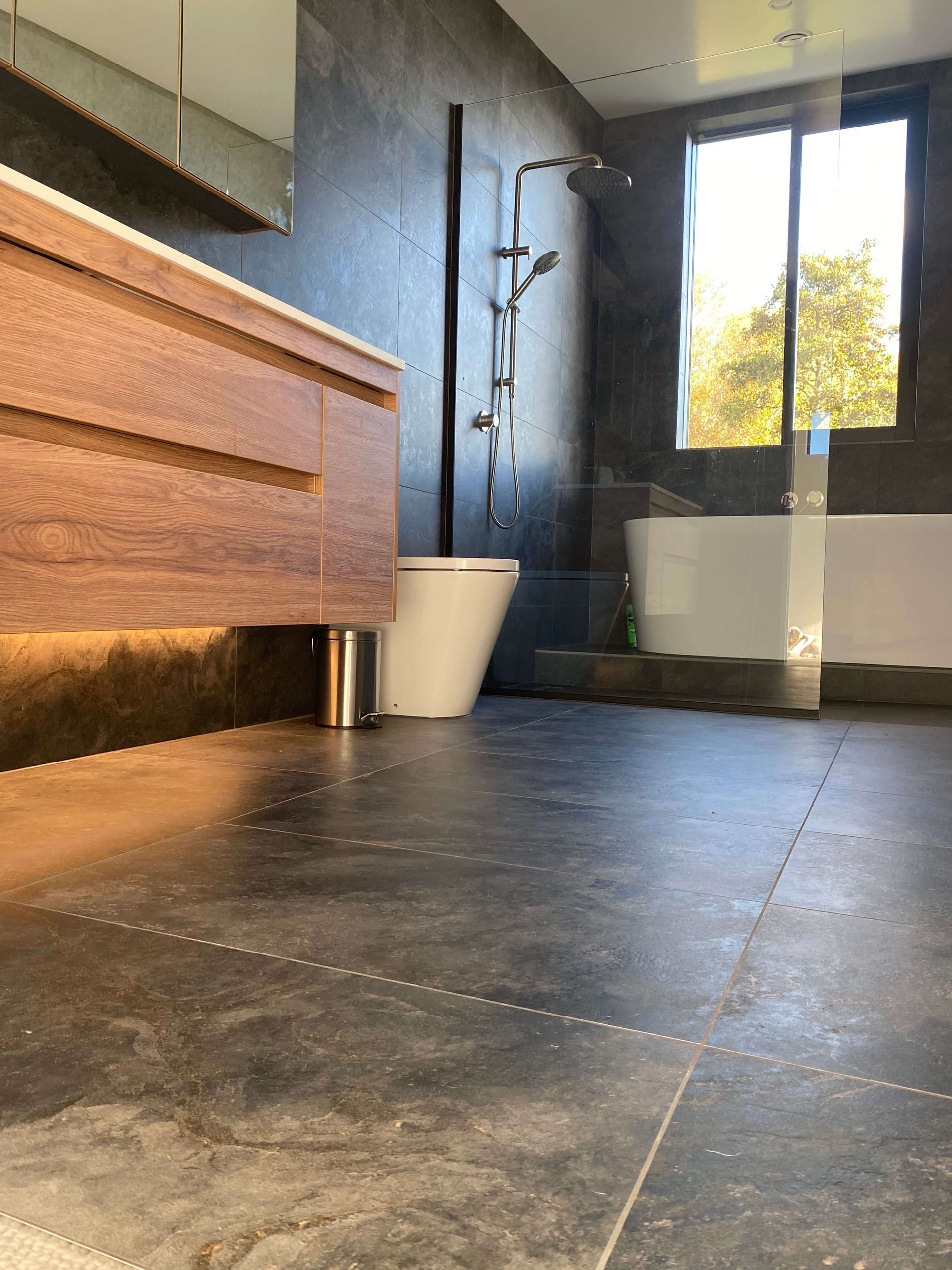 A bathroom with a toilet , sink , tub and shower. Statement Homes Christchurch